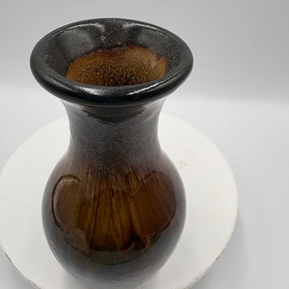 Vintage Small Art Pottery Bud Vase Pretty Drip Glaze Brown Gold Iridescent 5